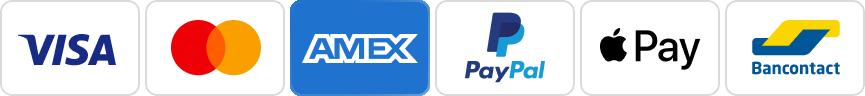 Logos de paiement : Visa, Mastercard, AMEX, PayPal, Apple Pay et Bancontact